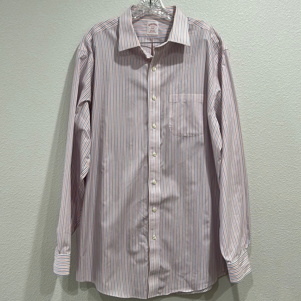 Brooks Brothers Regular Fit Non-Iron Striped Red/White/Blue  Shirt SZ 17 6/7